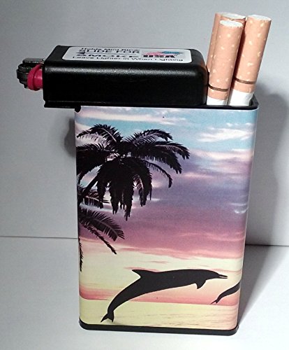 Cigarette Case Dolphins Swim Ocean Water Built on Lighter Holder box Kings 100's ryo