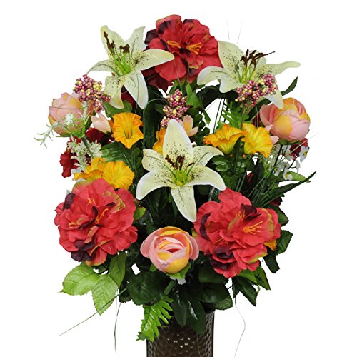 Pink Red and Yellow Silk Flower Bouquet with Stay-In-The-Vase® Design Flower Holder(SM1261)