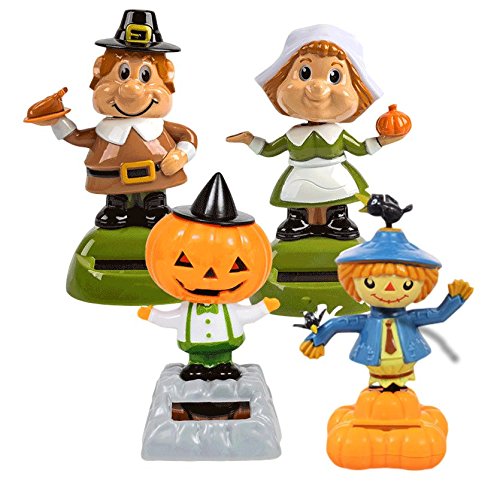 Solar-Powered Dancing Fall Friends, Pumpkin, Scarecrow and Pilgrims, 4-pc Set
