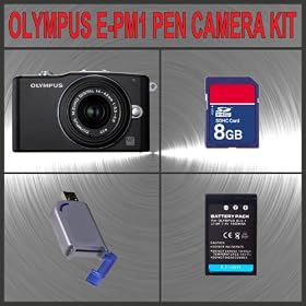 Olympus PEN E-PM1 Digital Camera (Black) W/14-42mm Lens + Huge Accessories Package Including 8GB SDHC Memory Card + High Capacity BLS-1 Replacement Lithium-Ion Battery + Hi-Speed SD Card Reader + Kit