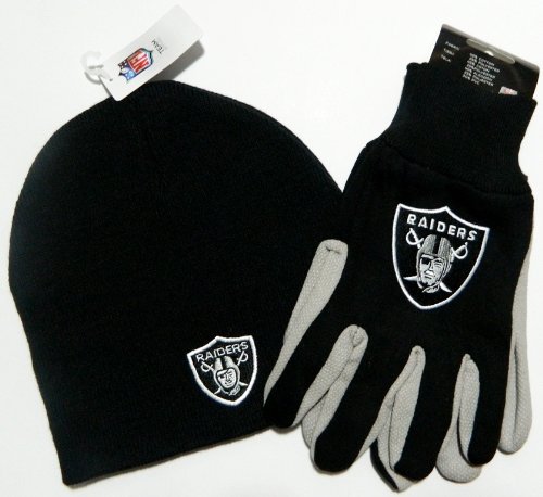 Oakland Raiders NFL Licensed Black Knit Beanie and Utility Glove Set Hat Gift