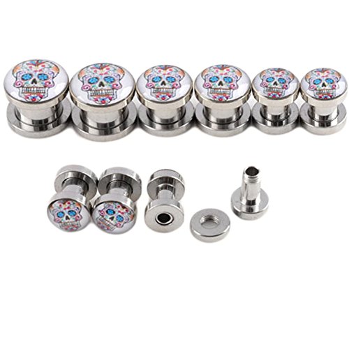 PiercingJ 5pairs Gauge Stainless Steel Flower Skull Screw Barbells Ear Plug Stre...