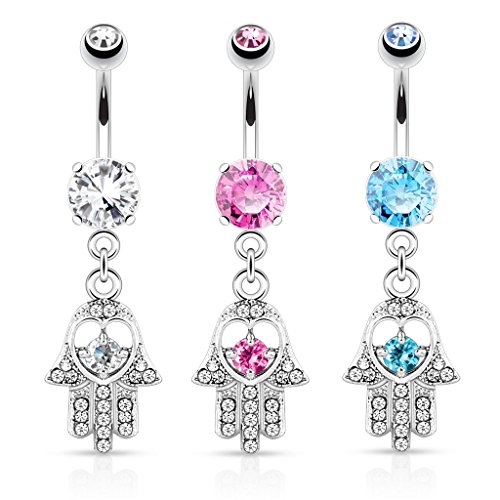 Hamsa Hand with Cz Accents Dangle Belly Button Ring - 316L Surgical Steel 14g Dangle Navel Ring - Choose Clear, Pink, or Aqua