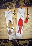 Set of 2 Snowy Red Cardinal Male & Female Cardinal Birds Photo Bookmarks w/ Antique Bronze Birdhouse Charm Fine Art Photography Photo Laminated Handmade Bookmarks