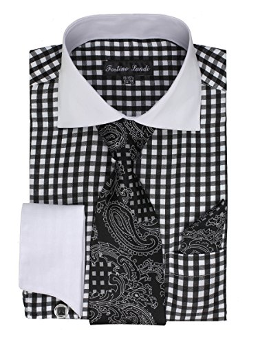 Men's Gingham Check Dress Shirt, Tie, Hanky and Cufflink Set - Many Colors Available