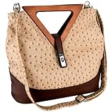 Exotic Ostrich-embossed Turn-lock Top Double Wood Triangle Handles Large Hobo Tote Satchel Handbag Purse Shoulder Bag