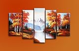 Ode-Rin Hand Painted Cherish Art Mordern Oil Paintings Autumn Trees Landscape 5 Panels Wood Inside Framed Hanging For Home And Wall Decoration