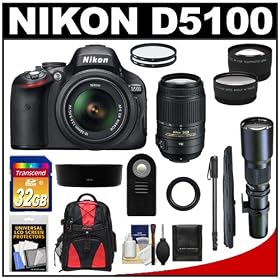 Nikon D5100 Digital SLR Camera & 18-55mm G VR DX AF-S Zoom Lens with 55-300mm VR & 500mm Telephoto Lens + 32GB Card + Monopod + Battery + Backpack + 2 Lens Kit