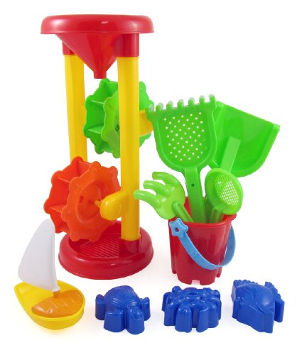 

Double Sand Wheel Beach Toy Set for Kids with Bucket, Shovels, Rakes, Sailboat & 3 Shape Molds (Colors may vary)