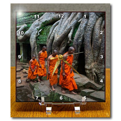 

KIKE CALVO Asian Cambodia Angkor Wat and Buddhist Collection - Orange, Green Theravada Buddhists walking in file, Ta Prohm Jungle Temple - Desk Clocks