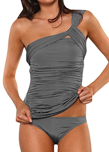 FISACE Women's One Shoulder Ruched Vintage Tankini Set Swimsuit