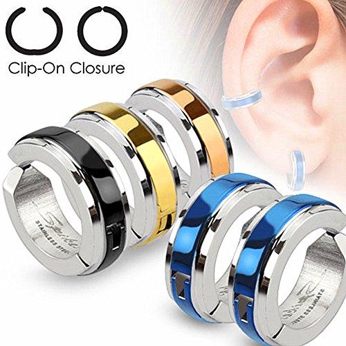 U2U® Pair of 316L Surgical Stainless Steel Center Strip Color IP Non-Piercing Clip On Round Dome Earrings