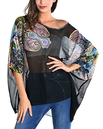 DJT Womens Batwing Sleeve Round Neck Flower Semi Sheer Top One Size Black #7