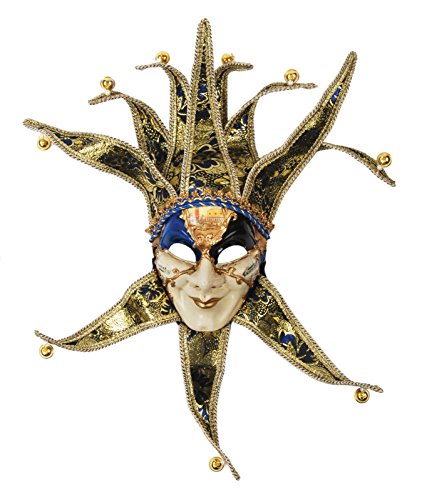 Loftus International Jester W Bells Full Face Masquerade Venetian Mask, Dark Blue/Gold, One Size