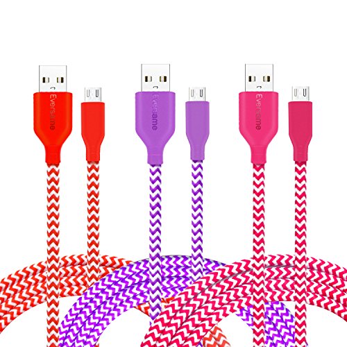 Micro USB Charger, Eversame [3-Pack] 3Ft 1M Premium Nylon Braided High Speed USB2.0 A Male to Micro B Charger Cable For Samsung Galaxy S6, HTC ONE M7, LG G4, and more(Red Purple Hot Pink)
