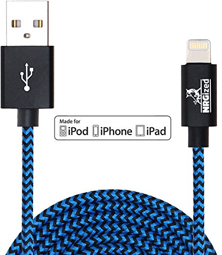NRGized Premium 3ft Nylon Braided USB Cable with Lightning Connector [Apple MFi Certified] for iPhone 6s Plus / 6 Plus, iPad Pro, Air 2 and More (Blue Stripe)