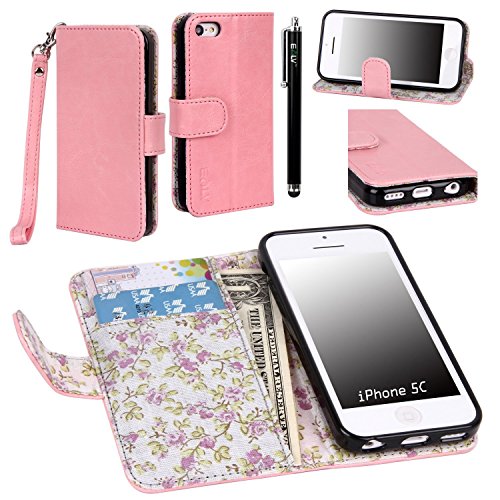 iPhone 5C Case, iPhone 5C Flip Case - E LV Deluxe PU Leather Wallet Purse Flip Folio Stand Case Cover for iPhone 5C with 1 Stylus and 1 Clear Screen Protector (Baby Pink)