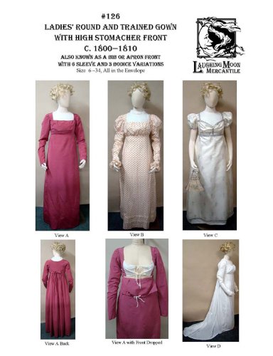 1800-1810 Ladies' Regency Era Round or Trained Gown with a High Stomacher Front Pattern