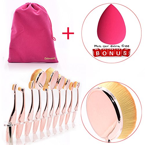 Dolovemk Pro Beauty Makeup Oval Mirror Brushes, Toothbrush Shaped, Eyebrow/Foundation/Powder/BB Cream Brushes Set + Sponge Blender + Pouch Bag