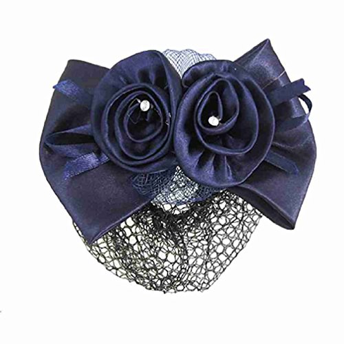Women Rhinestone Inlaid Blue Flower Bow Hair Clip Snood Net Bun Cover Barrette