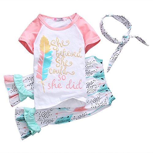 Little Girls Letters Feather T-shirt and Ruffle Cropped Pants Outfit