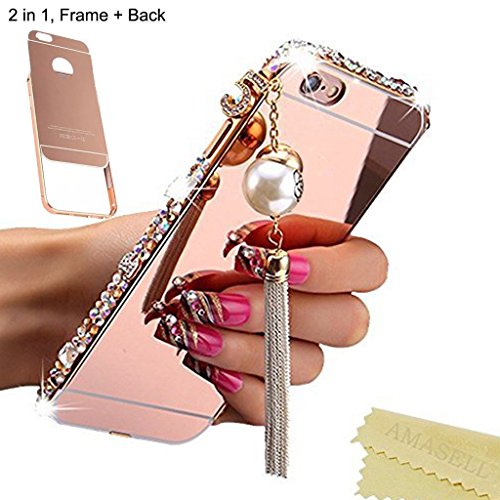[1-Pack][2-IN-1]Samsung Galaxy S7 Edge, AMASELL Luxury bling 3D Sparkle Diamond Mirror case+Aluminum Metal Frame Bumper with Pearl Tassels Hard PC Back Cover Case, Rose Gold with bling