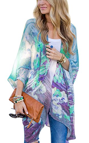 Fanala Women Printed Chiffon Shawl Kimono Cardigan Tops Cover up Blouse