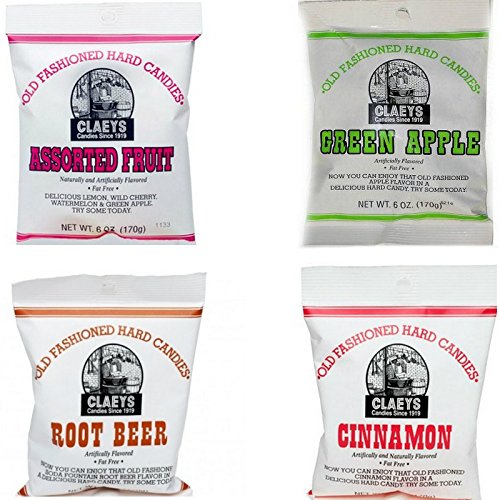

Claeys Old Fashioned Sugared Hard Candy Variety 4 Pack - Assorted Fruit, Apple, Cinnamon, and Root Beer