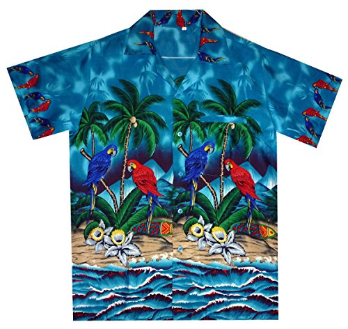 Funky Hawaiian Shirt For Men Short Sleeve Front-Pocket Parrot Palm Turquoise
