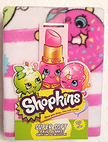Shopkins Super Soft Throw Blanket Featuring Kookie Cookie, D'Lish Donut and Others on Pink and White Stripes