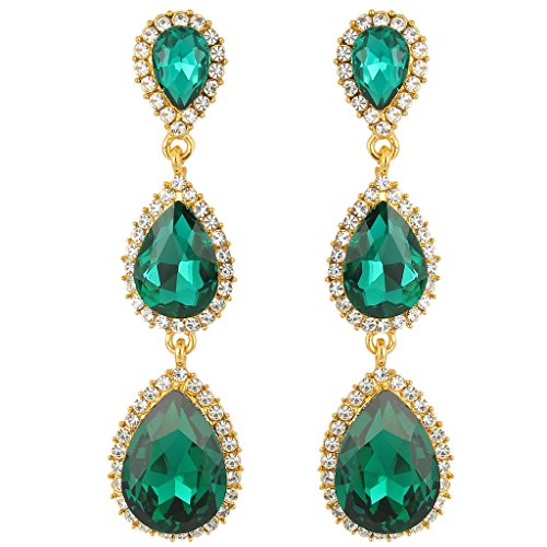 EleQueen Women's Gold-tone Austrian Crystal Teardrop Pear Shape 2.5 Inch Long Earrings