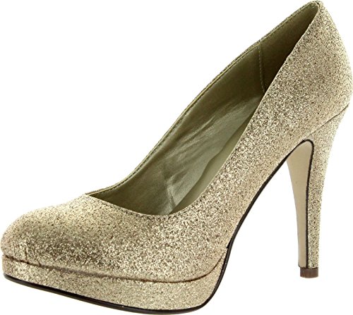Delicious Women Eiffel Glossy Closed Toe Dress Platform Pump Professional Women Stiletto Heel,Gold Glitter,7.5