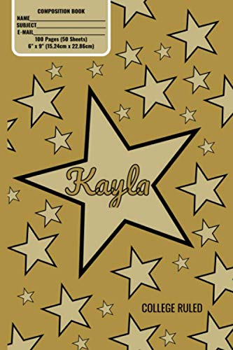 Kayla Monogram Composition Book, Gold Stars Pattern Matte Cover, College Ruled Pages: 6x9 Inches, 100 Pages, Personalized and Perfect for Class, Work, Journaling, Recipes, Notes by Noggin Box Books