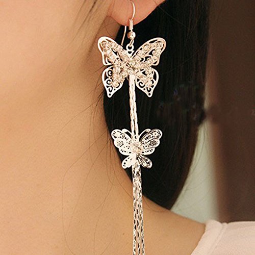 Double Layers Butterfly Rhinestone Long Tassels Hook Linear Earrings Women's New