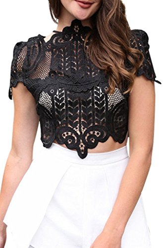 Simplee Apparel Women's Short Sleeve Mesh Floral Lace Crochet Crop Top