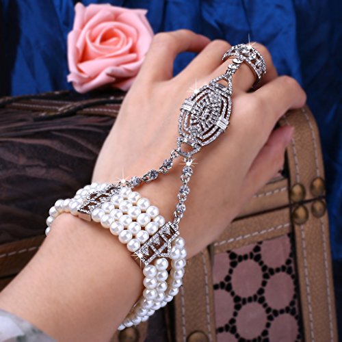 Babeyond 1920s Flapper Bracelet Ring Set Austrian Crystals Imitation Pearl