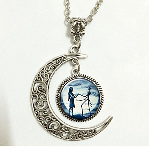 Charm Crescent Moon Christmas Necklace Pendant, Jack and Sally Necklace, Jack Skellington, His and Her, Love Gift, Romantic
