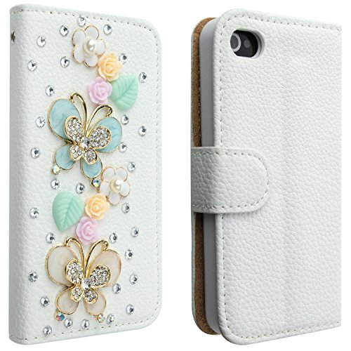 OOOUSE New Designer 3d Crystal Rhinestone Luxury Flip Wallet White Leather Handmade Case Cover for Apple Iphone 4 4s ( butterfly and blue leaves)