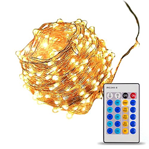 Starry Lights With Remote Control 20 Feet 120 LED Warm White Dimmable String Light. Lights Blink or Fade. Fairy or Flashing Effects.