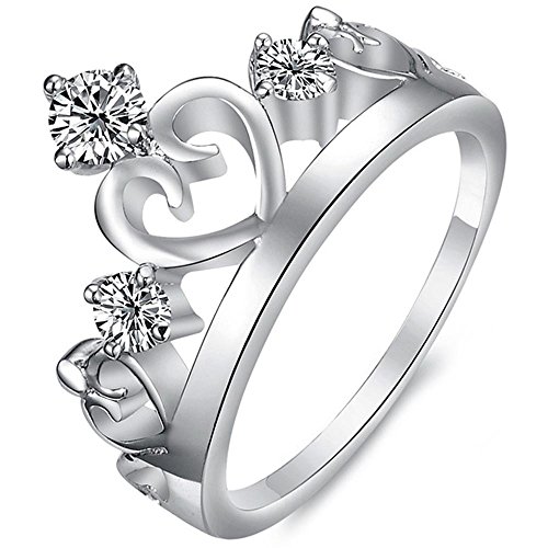 Women's 3 Stone Cubic Zirconia Princess Heart Crown Tiara CZ Band Wedding Cz Eternity Ring Silver