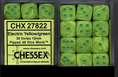

Chessex Dice d6 Sets: Vortex Marble Electric Yellow with Green - 12mm Six Sided Die (36) Block of Dice