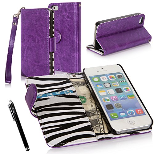 iPhone 5S Case, iPhone 5S Flip Case - E LV Deluxe PU Leather Folio Wallet Case Cover for iPhone 5S 5 (AT&T, T-Mobile, Sprint, Verizon, International Unlocked) Zebra Print inside with 1 Black Stylus and 1 Screen Protector (Apple iPhone 5/5S, Purple)
