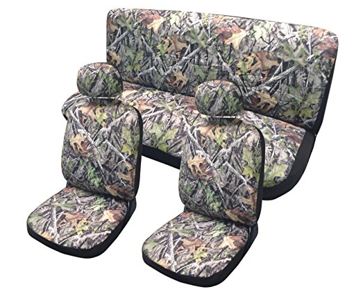 Camo Mossy Forest Leaves Seat Cover Set - Front Rear Headrests Steering Wheel Cover & Seat Belt Pads Camouflage - Premium Padded Auto Car Truck Interior Set