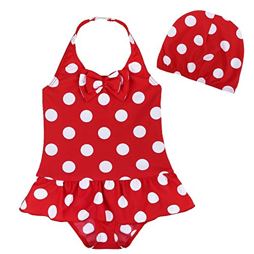 iiniim Kids Girls Swimwear 1pc Polka Dots Swimsuit with Hat Set Beachwear