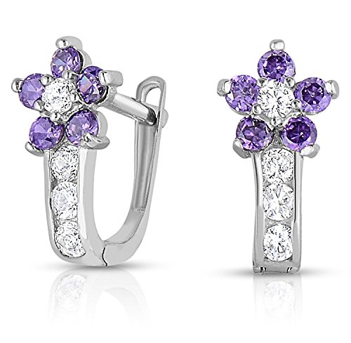 Girls Sterling Silver Cubic Zirconia Flower Huggie Earrings