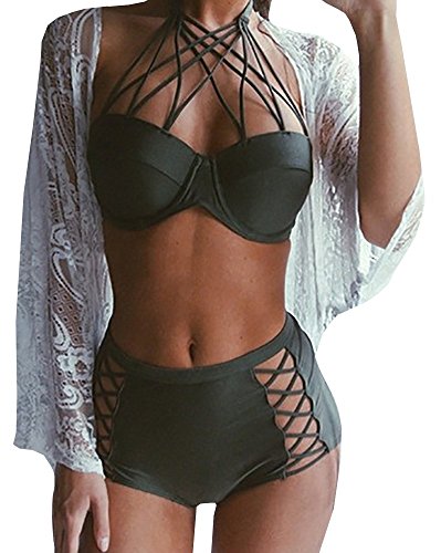 Nulibenna Bandage Cross Criss Halter High Waisted 2 Piece Bikini Swimsuit