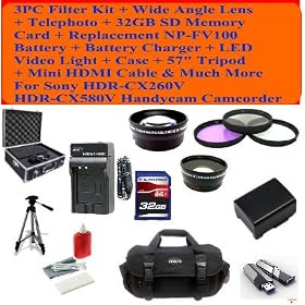 Deluxe Package Includes- 3pc Filter Kit + Wide Angle Lens + Telephoto + 32gb Sd Memory Card + Replacement Np-fv100 Battery + Battery Charger + LED Video Light + Deluxe Case + 57 Tripod + Mini Hdmi Cable & Much More for Sony Hdr-cx260v Hdr-cx580v Handycam Camcorder