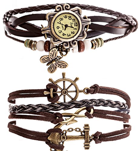 Belle (TM) Strap Butterfly Beads Leather Bracelet Wrist Watch Dark Brown+ Girls Charms Leather Weave +Bag