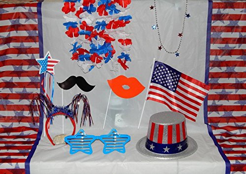 4th of July Patriotic Photo Booth Station Bundle 12 Items:1 Plastic Backdrop, 3 Patriotic Leis & 1 (Each) Patriotic Top Hat, Necklace, Headband, American Flag,Star Glasses, Mustache, Lips & Star Wand