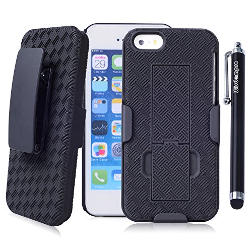 iPhone 5c Case, Wisdompro® Heavy Duty Hard Rugged Protective Armor Holster Case with Kickstand and Belt Swivel Clip for Apple iPhone 5c - Black / Black